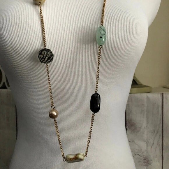 Long Beaded Multi Color Statement Necklace Gold Tone - Picture 3 of 6